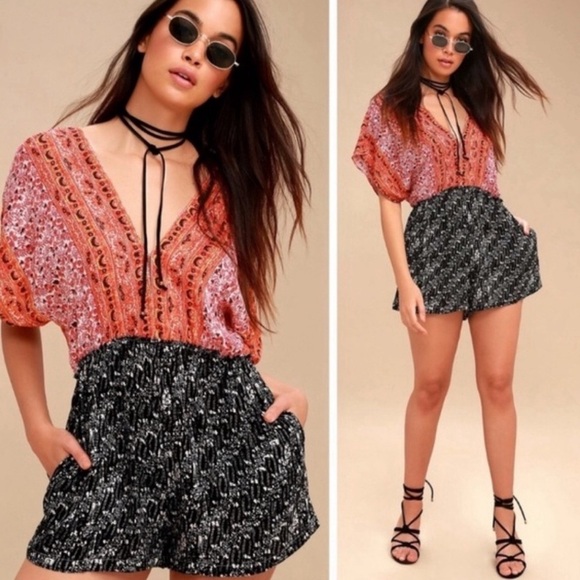 Free People Pants - Free People Boho Black Orange Arizona Romper Sz XS